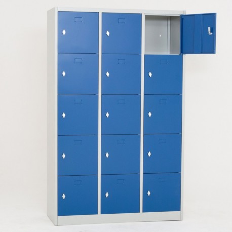 Vestiaire multicases 15 cases monobloc bleu, 1 porte ouverte 