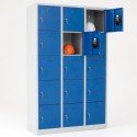 Vestiaire multicases 15 cases bleu, 2 portes ouvertes avec accessoires