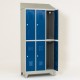 Vestiaire biplaces semi monobloc 6 casiers, portes bleues avec coiffe inclinée et pieds en métal
